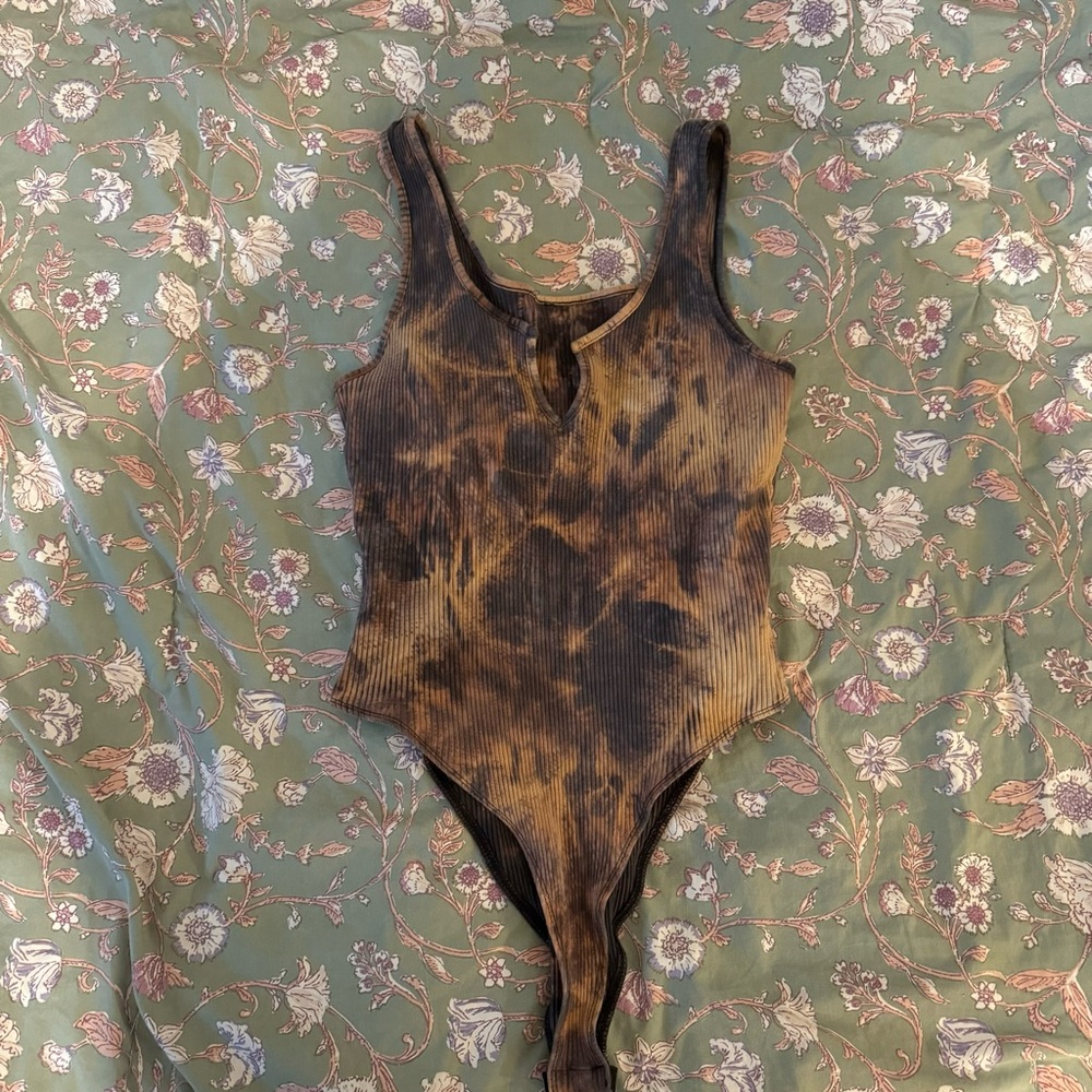 Gray orange acid washed bleached tie dye tank bodysuit.